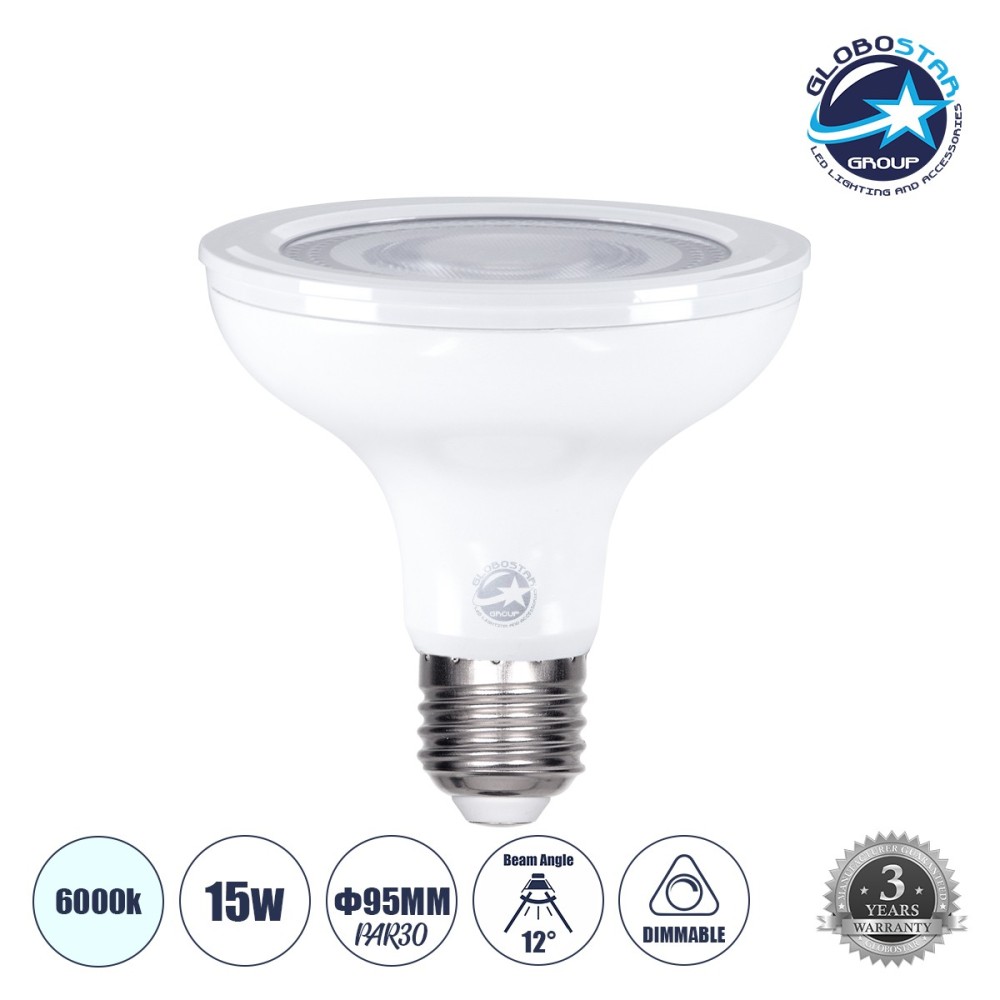 GLOBOSTAR® BEAMPAR 60093 Σποτ E27 PAR30 LED 15W 1500lm 12° AC 220-240V IP20 Ψυχρό Λευκό 6000K Dimmable - Μ9.5 x Π9.5 x Υ9.5cm - 3 Χρόνια Εγγύηση